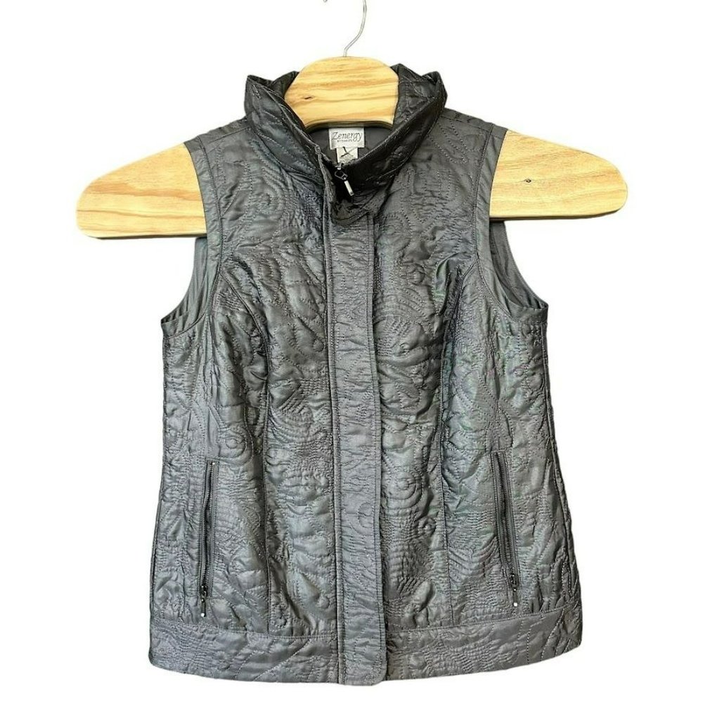 Zenergy by Chicos Gray Embroidered Zip Up Quilted Vest Womens 0 (S)